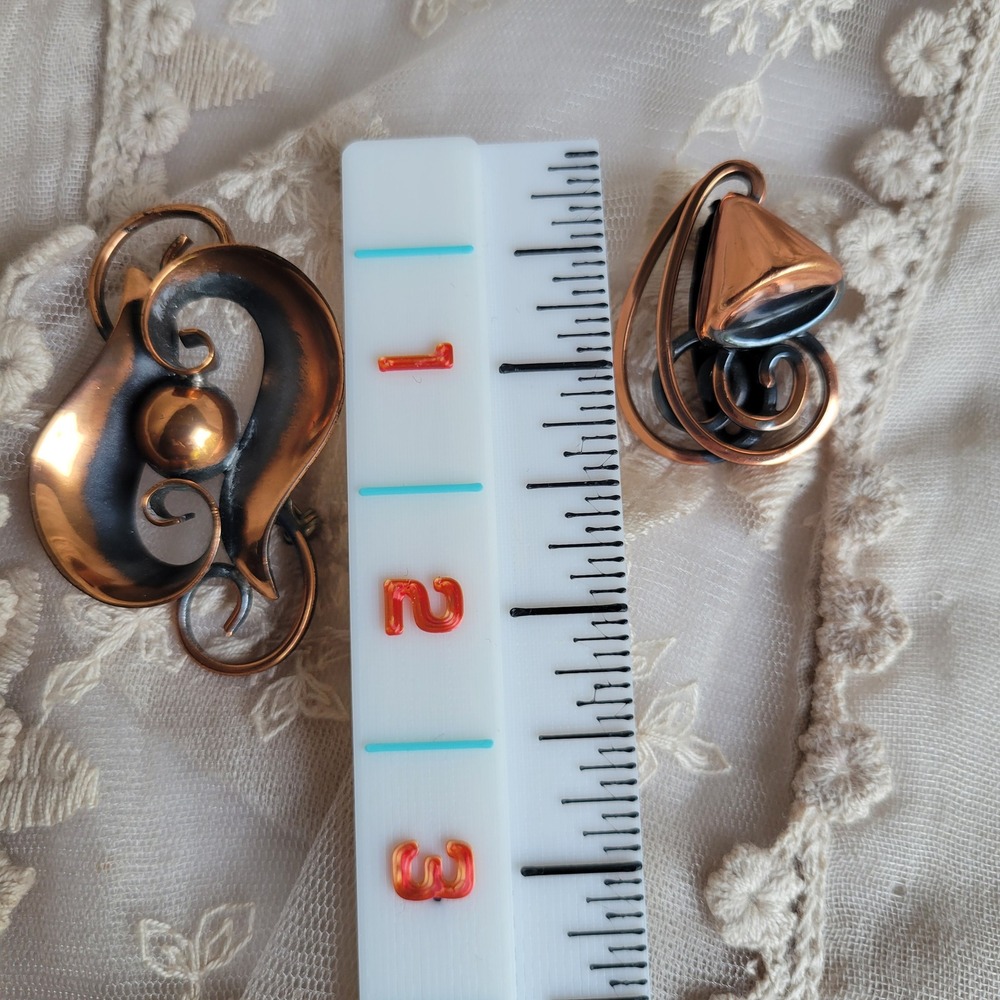 Vintage 1960s Copper Brooch Earrings Set MCM Atomic Mod Geometric - Picture 6 of 9